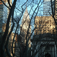 New York picture of Chrysler building looking through Bryant Park